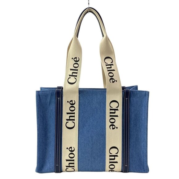 Chloe Woody Medium Tote Bag Blue Cream Denim Leather Tote Bag 671-073125 - Picture 2 of 14